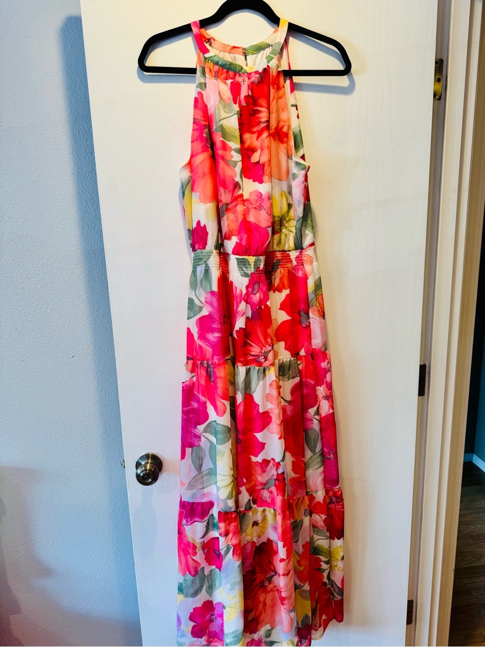 R&K Floral Halter Maxi Dress in Pink & Green